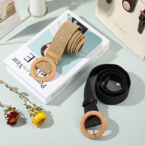 2 Pieces Women Straw Woven Elastic Stretch Waist Belt Skinny Dress Braided Waist Belt with Wooden Style Buckle - color: Black and Natural