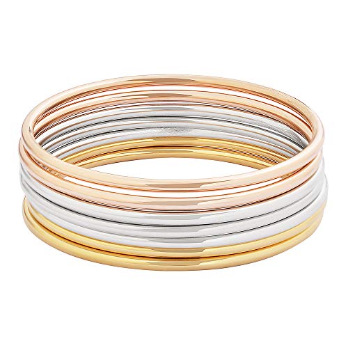 Glossy Thin Round Bangle Bracelet Set for Women, Set of 7 - color: Silver, Gold, Rose Gold
