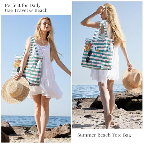 Trifabricy Beach Bags for Women Waterproof Sandproof Women Tote Bag, Large Beach Bag with Zipper for Gym Travel Vocation - color: Green Flamingo