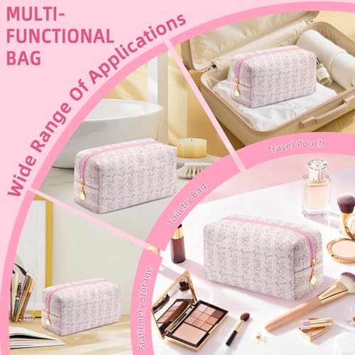 Small Makeup Bag Quilted Cosmetic Bag Floral Travel Toiletry Bags for Women Cute Pencil Case Quilted Makeup Pouch Aesthetic Coquette Cosmetic Pouch Cotton Make Up Bags Cute Zipper Pouches Pink - color: Aa-pink flower