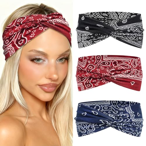 3 Pack Headbands for Women Short Yoga Workout Twist Cross Hair Bands Elastic Non Slip Sweat Headbands Hair Wraps Accessories - color: Multicolor