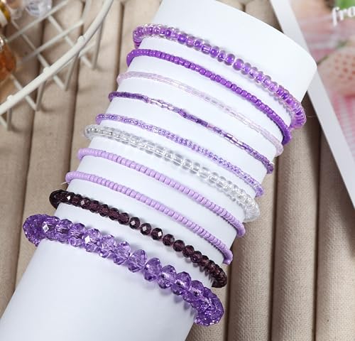 Caiyao Bohemian Multilayer Stackable Seed Beaded Bracelets Colorful Crystal Glass Beads Strand Bangle Bracelet BFF Wristbands Bracelet for Women Summer Beach Hawaii Jewelry Birthday Gifts - color: Purple 1