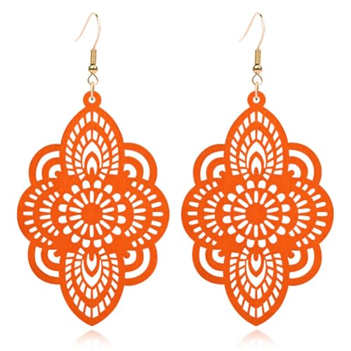 Bohemian Wood Earrings Natural Retro Lightweight Hollow Pattern Geometric Wooden Dangle Drop Earrings Statement Vintage Jewelry - color: Orange