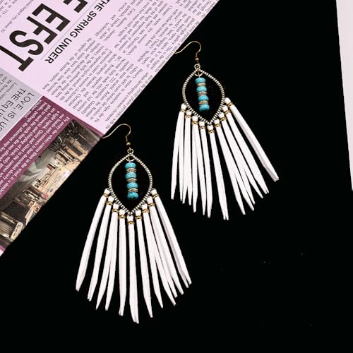 Long Bohemian Fringe Leather Earrrings Handmade Tassel Earrings with Turquoise Christmas Long Dangle Earrings for Women rodeo jewelry - color: 7