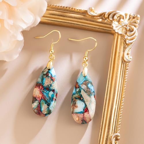Stone Drop Earrings for Women Earrings Teardrop Jasper Stone Dangle Earrings - color: Blue&Red-Golden Hook