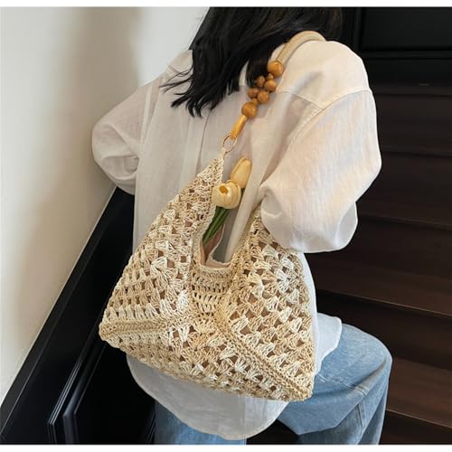 OANEXX Summer Straw Hobo Bags for Women Boho Woven Mesh Beach Tote Bag Large Capacity Crochet Vacation Shoulder Handbag - color: Beige