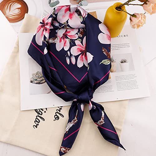 NZKNP Silk-Like Head Scarf - Women's Bandana Wraps - color: 20-black and Pink Flowers, size: 35"*35"