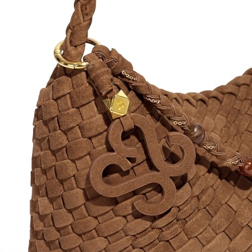 Premium Woven Shoulder crossboby Bag for Women, Slouchy Hobo Handbag with Braided Strap and Matching Zipper Pouch - color: Coffee Brown