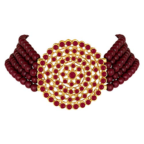 Aheli Pearl Diamond Choker Necklace & Round Earrings Gift for Women Indian Traditional Bollywood Fashion Bharatanatyam jewellery set - color: Maroon 2