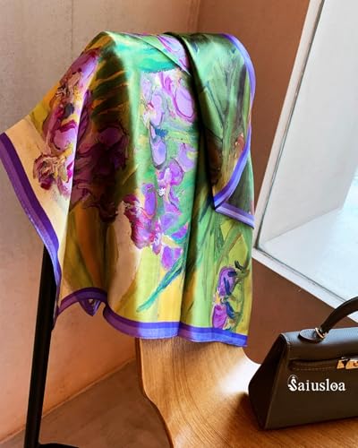 Saiusloa Neck Scarf For Womens Silky Head Scarves Hair Bandanas Square Scarf Fashion Accessories lightweight - color: 12-purple Green Oil Painting
