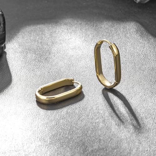 Stainless Steel Hoop Earrings for Women Gold Tone Geometric, Huggie Heart Twisted Minimalist Engraved Designs for Daily Wear - color: Gold-Oval02_25mm*15mm