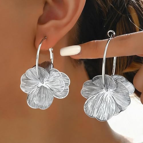 Gold Flower Statement Earrings for Women Boho Trendy Hoop Earrings Floral Dangle Petal Earring Prom Wedding Jewelry Gifts - color: A2:silver