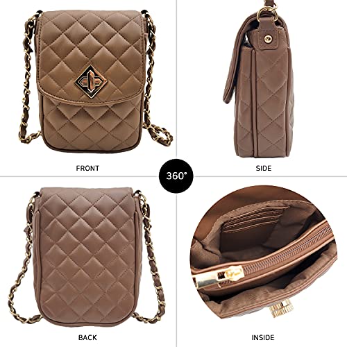 Phone Crossbody Bags for Women Small Vegan Leather Mini Shoulder Wallet Card Quilted Purse - color: B - Caramel & Gold