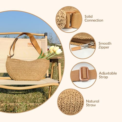 Straw Crossbody Bag for Women Summer Woven Beach Handbag Crescent Shoulder Purses with Adjustable Strap 2025 - color: Brown