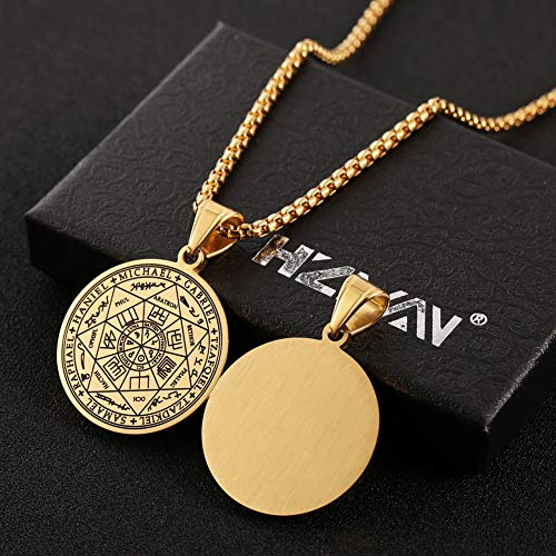 HZMAN Vintage Stainless Steel The Seal of The Seven Archangels Pendant Necklaces 22+2“ Chain - color: Gold
