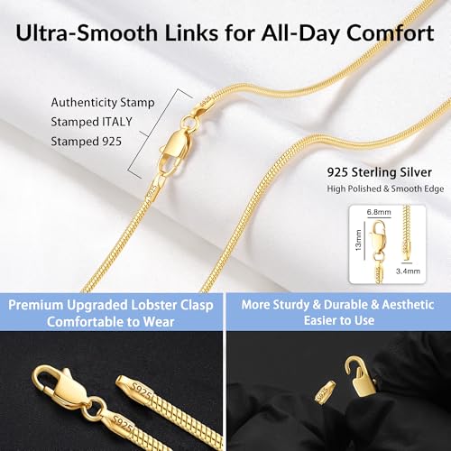 Jewlpire 1.5mm 2mm 2.5mm Snake Chain 18k Gold Plated 925 Sterling Silver Chain Necklace for Women, Smooth Sturdy Hypoallergenic, 16 18 20 22 24 Inch - color: 2.0mm-18K Gold Plated, size: 18 Inches (Women's Average Length)