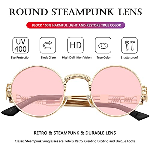 AIEYEZO Round Steampunk Sunglasses for Men Women Retro Circle Hippie Glasses Metal Frame 100% UV Blocking Lens - color: Gold/Clear Pink