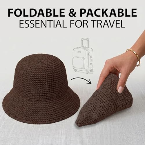 Straw Bucket Hat for Women Foldable Summer Beach Sun Hats Wide Brim Crochet Floppy Hat for Vacation Travel Shade & Style - color: Coffee-a