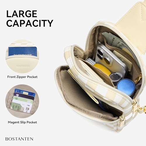 BOSTANTEN Sling Bag Quilted Crossbody Bags for Women Cross Body Purse Leather Fanny Pack with Adjustable Guitar Strap - color: A-checkered Beige