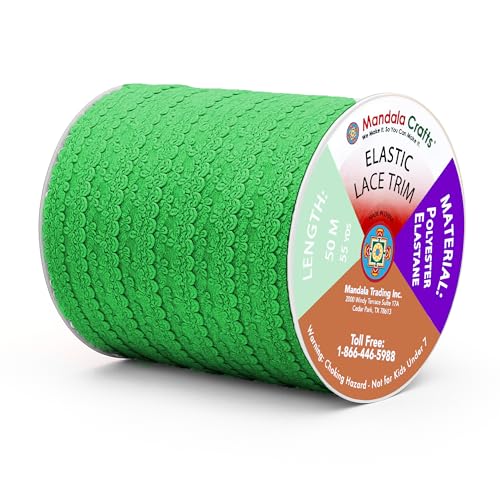 Mandala Crafts Green Stretch Lace Soft Elastic Trim Roll - 55 Yards 1 Inch Wide Stretchy Frilly Picot Ribbon for Sewing Lingerie, Headbands, Underwear, and Crafts - color: Green