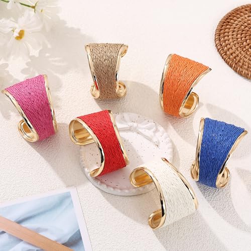 Raffia Colorful Chunky Cuff Bracelet For Women Statement Irregular Wave Vacation Tropical Beachy Spring Summer Wide Open Bangle Handmade Boho Costume Jewelry Accessories - color: C Blue