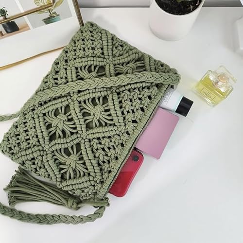 Eiyye Handmade Crochet Purse Boho Cotton Rope Crossbody Shoulder Bag with Tassel Casual Bag for Women - color: Green
