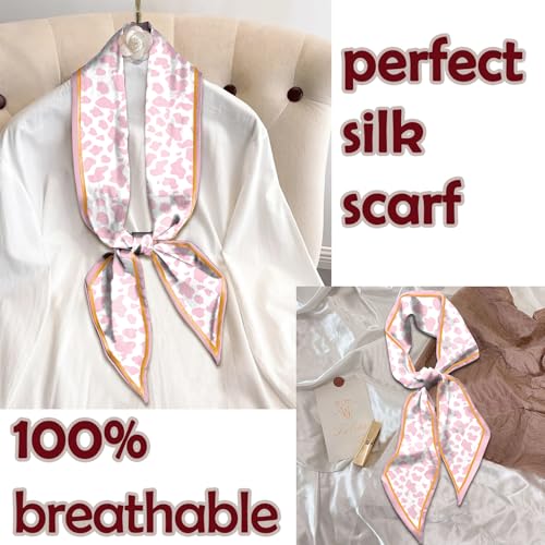Hair Head Scarf Silk Feeling Long Satin Neck Satin Scarves for Handbag Cute Aesthetic Decoration Women Girls 59 * 6.7” - color: Y8-pink Cow