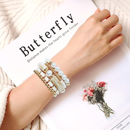 GOOJIDS Simple Beaded Gold Plated Bangles Bracelet Chunky Bamboo Tube Curved Stacking Clear Acrylic Colorful Beads Stretchable Gold Plated Bracelets Set For Women - color: A-A2 White Set