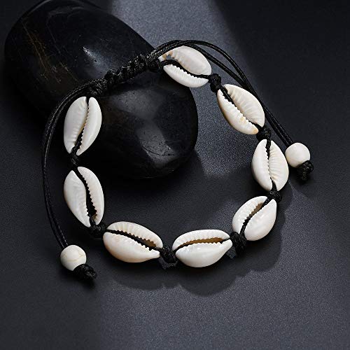 Fesciory Puka Shell Anklet for Women Summer Natural Cowrie Adjustable Ankle Bracelet, Handmade Boho Hawaiian Beach Seashell Jewelry - color: A5:Shell Anklet Black Rope
