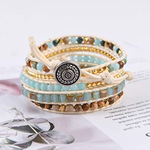 YGLINE Natural Stone Beaded Healing Wax String 5 Wraps Bracelets - color: Amazonite
