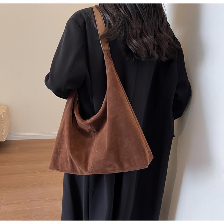 Women’s Trendy Suede Tote Bag Shoulder Bags For Women Fall Underarm Bag Winter Hobo Bag Work Purses Suede Travel Handbag - color: Brown