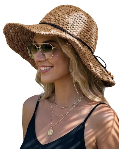Hat Hut Floppy Beach Hat Crochet Straw Sun Hats for Women Wide Brim Handmade Summer Travel Hat Foldable Packable (US, Alpha, One Size, Khaki)