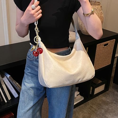 Hobo Bags for Women Leather,Foldable Slouchy Shoulder Purse Crossbody Handbag,Soft Vegan Brown Tote Casual Everyday Handbags - color: Wy22 Upgraded White
