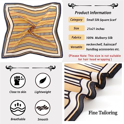 Ciormis 100% Mulberry Silk Scarf-Women's 21''/27''Square Silk Hair Head Scarf Neckerchief with Gift Packaged - color: 21''x 21''-style 01-khaki Stripe