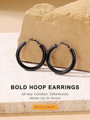 Bestyle 5mm Thick Gold Hoop Earrings Hypoallergenic Hoops for Sensitive Ears Trendy Lightweight Chunky Earrings for Women 30/40/60/80mm - color: 01-Black, size: 40mm