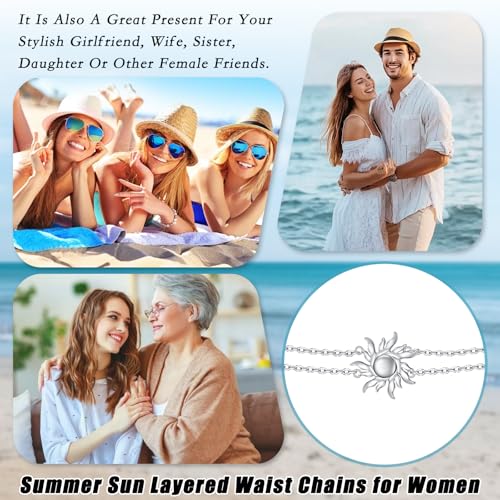 Waist Chain for Women,S925 Sterling Silver Body Chain Layered rope Waist Chains Sexy Bikini Beach Beads Chain Summer Waterproof Body Jewelry Adjustable 30-38 Inch - style: Sun
