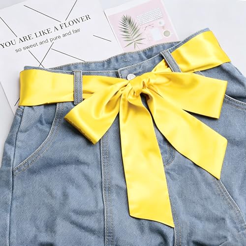 Long Thin Skinny Scarf Satin Neckerchief Ribbon Tie Waist Belt for Women - color: Bright Yellow