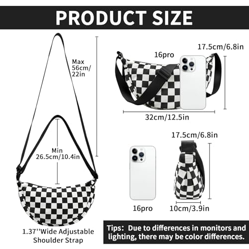 Nylon Crescent Crossbody Bag for Women Purses Trendy Men,Small Travel Sling Bag Hobo - color: Checkered-black, size: Small