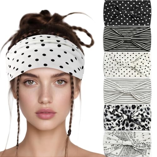 6 Pack Boho Style Women's Headbands, Non slip Fashion Wide Elastic hairband, Daily Sports Yoga Workout Women's Hair Bands,Floral Print-WhiteBlack - color: Type 11