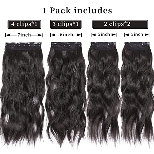 Clip in Synthetic Hair Extensions Long Wavy 4PCS Thick Hairpieces Black Brown Fiber Double Weft Natural Hair Extensions 20 Inch for Women (4pcs, 20Inch, 2#) - color: 2-Black Brown