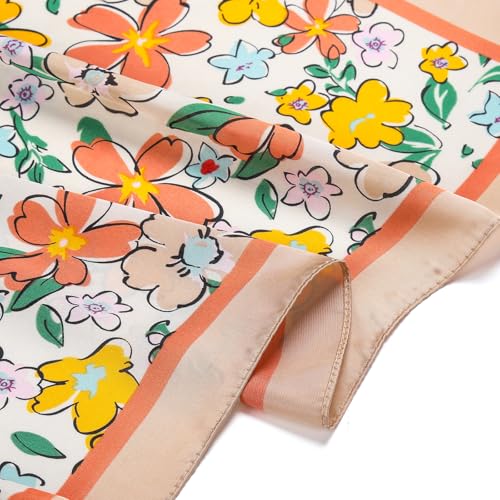 Stlvoll 27.5" Silk Neck Scarf of Women's Fashion Head Scarf Square Neck Satin Scarfs for Bag Hair Scarves Gift - color: Flower/Orange/Green