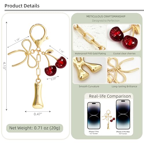 Cute Initial Cherry, Bow, Heart & More Styles - Personalized Keychain Bag Charms & Purse Accessories for Handbags - color: Red Cherry, style: I