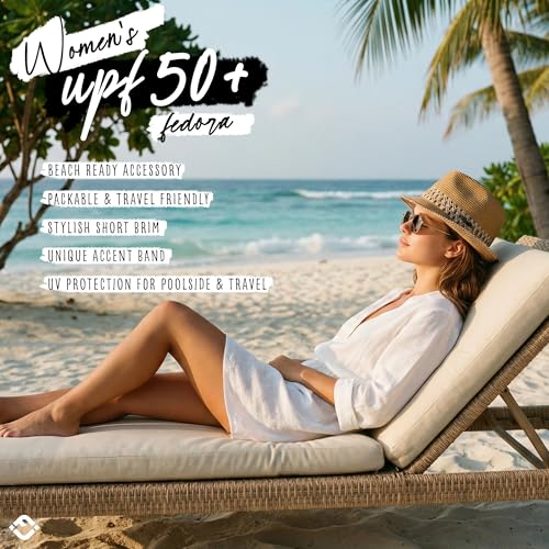 Funky Junque Straw Fedora Hats for Women - UPF 50+ Sun Hat, Short Brim Packable Beach Hat with Woven Pattern - color: Brown