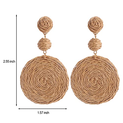 Boho Raffia Ball Earrings for Women, Handmade Statement Drop Earrings Straw Dangle Earrings Beach Vacation Jewelry - color: Brown