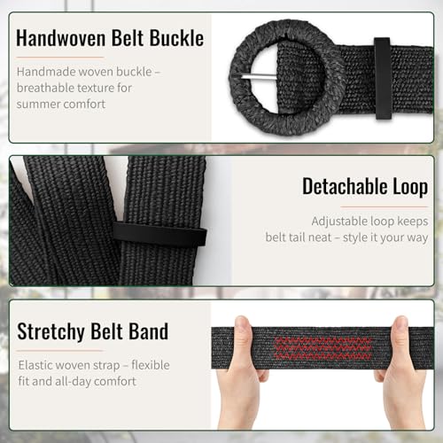 Straw Woven Elastic Belt for Women, Boho Braided Raffia Waist Belt, Stretch Rattan Belt for Summer Dresses - color: Round Buckle-black-with Earrings, size: L: Fit waist size up to 40"