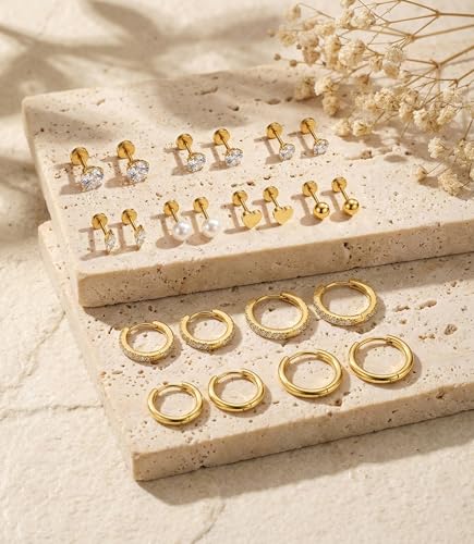Incaton Hypoallergenic Flat Back Earrings for Women Silver 14K Gold Plated Surgical Stainless Steel Stud Earrings Cubic Zirconia Cartilage Studs Earrings For Multiple Piercing Sensitive Ears - color: F-Gold