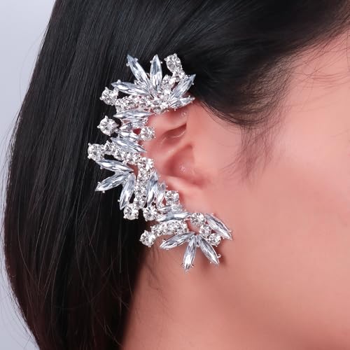 Rhinestone Silver Full Ear Cuff Earrings for Women Ear Clip Wrap Statement Climber Crawler Earrings for Women Hypoallergenic Silver Wedding Jewelry Gifts - color: Right Silver