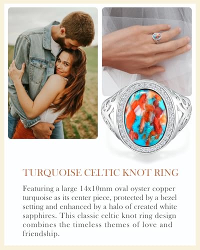AIBAO 4-12 Ct Large Oval Engagement Rings for Women Natural Turquoise/Lapis Lazuli/Malachite Celtic/Infinity/Love Knot Halo Ring Size 6 to 10 Anniversary Christmas Valentines Gift - style: 4.3 Ct Orange Oyster Turquoise & Created White Sapphire