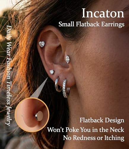 Incaton Hypoallergenic Flat Back Earrings for Women Silver 14K Gold Plated Surgical Stainless Steel Stud Earrings Cubic Zirconia Cartilage Studs Earrings For Multiple Piercing Sensitive Ears - color: K-Silver