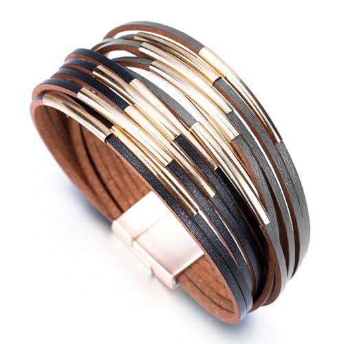 Fesciory Leather Wrap Bracelets for Women, Boho Leopard Multi-Layer Crystal Beads Cuff Bracelet Jewelry - color: Black and Gray